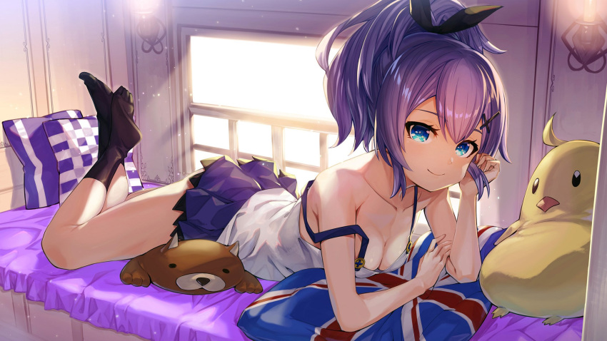 1girl akanagi_youto azur_lane bangs bare_arms bare_shoulders bed black_legwear black_ribbon blue_eyes breasts camisole cleavage collarbone commentary_request cross_hair_ornament eyebrows_visible_through_hair hair_ornament hair_ribbon hand_up highres indoors javelin_(azur_lane) light_particles looking_at_viewer lying miniskirt no_shoes on_stomach pillow pleated_skirt ponytail purple_hair purple_skirt ribbon short_hair skirt small_breasts smile socks solo strap_slip stuffed_animal stuffed_chicken stuffed_toy teddy_bear thighs window