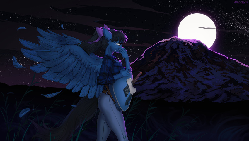 2019 5_fingers anthro black_hair blue_feathers bodily_fluids clothed clothing crying detailed_background equid equine eyebrows eyelashes feathered_wings feathers female fingers hair hi_res mammal margony moon night outside pterippus sky solo star starry_sky tears wings