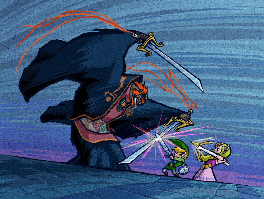 1girl 2boys aiming angry arrow blonde_hair bow clenched_teeth clothed clothing dress dual_wielding eyebrows eyelashes eyeshadow facial_hair female fight fighting_stance ganondorf gloves hair highres holding holding_weapon human link male master_sword nintendo official_art pointy_ears princess_zelda robe shield size_difference sleeveless sword the_legend_of_zelda the_legend_of_zelda:_the_wind_waker the_wind_waker tiara toon_link toon_zelda triforce weapon