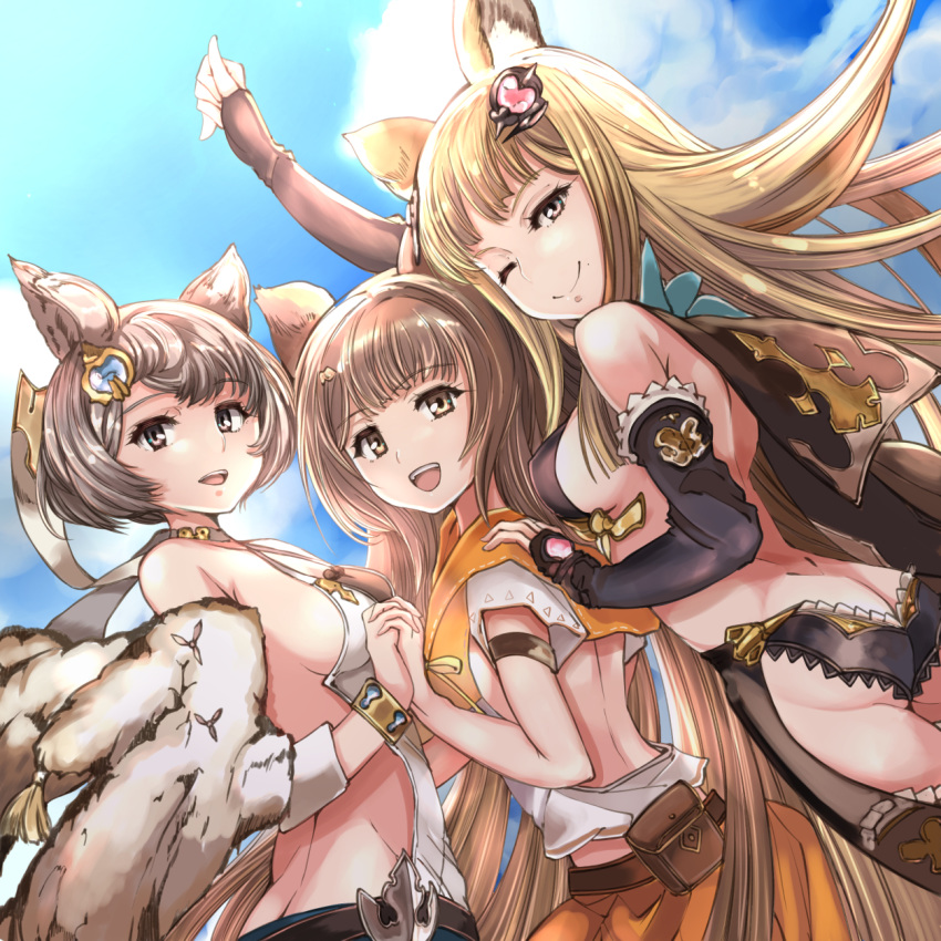 3girls aster_(granblue_fantasy) bangs bare_back bare_shoulders blue_sky bob_cut breasts brown_eyes brown_hair butt_crack cloud commentary_request dutch_angle elbow_gloves erune fingerless_gloves gloves granblue_fantasy grey_eyes grey_hair grimjin hair_ornament highres holding_hands long_hair looking_at_viewer metera_(granblue_fantasy) mole multiple_girls one_eye_closed open_mouth siblings sideboob sisters sky smile sutera_(granblue_fantasy) very_long_hair