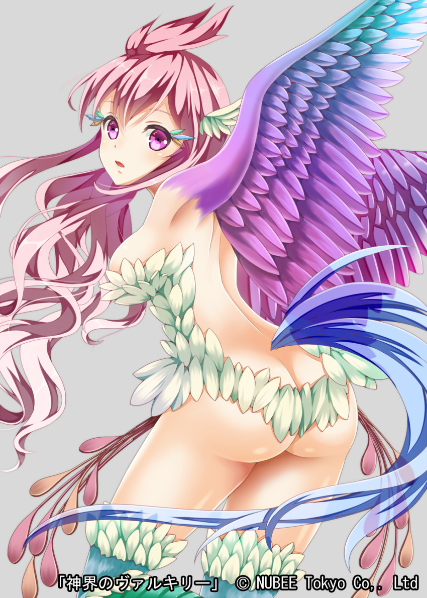 1girl ass back bird_wings breasts fantasy feathered_wings feathers hakuda_tofu harpy head_feathers highres looking_back monster_girl no_panties official_art shinkai_no_valkyrie solo tail_feathers wings