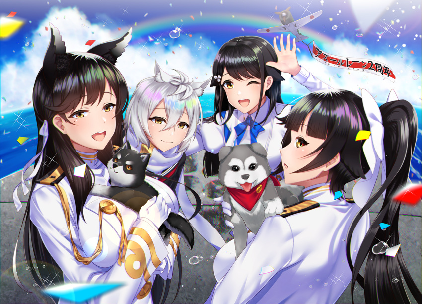 4girls aircraft airplane animal animal_ears atago_(azur_lane) azur_lane bangs black_hair black_legwear blue_sky blush bow breasts brown_eyes choukai_(azur_lane) cloud day extra_ears eyebrows_visible_through_hair hair_between_eyes hair_bow hair_flaps hair_ornament hair_ribbon holding holding_animal kagiyama_(gen'ei_no_hasha) large_breasts long_hair long_sleeves looking_at_viewer maya_(azur_lane) military military_uniform miniskirt mole mole_under_eye multiple_girls open_mouth outdoors pleated_skirt ponytail ribbon scarf school_uniform serafuku shirt short_hair silver_hair skirt sky smile swept_bangs takao_(azur_lane) uniform very_long_hair white_bow white_ribbon white_scarf