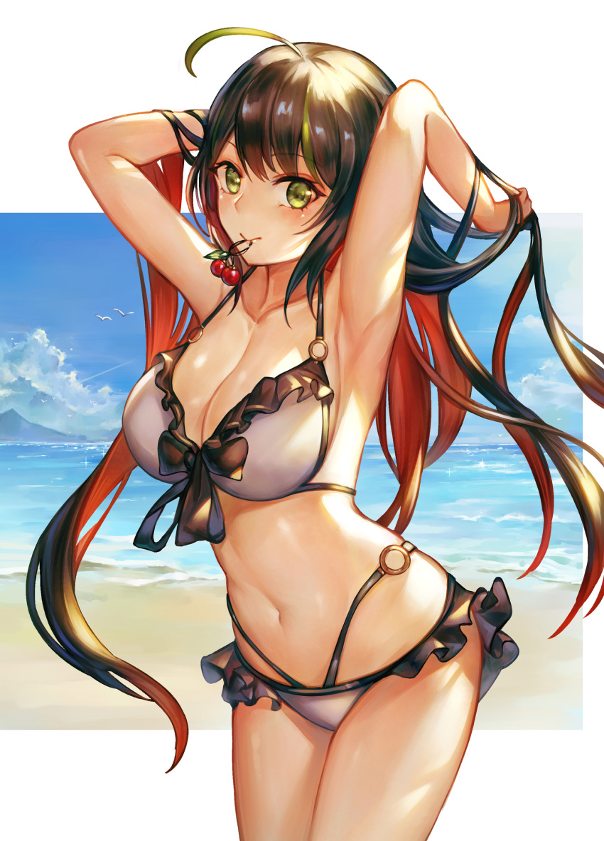 1girl ahoge armpits arms_up bare_arms bare_shoulders beach bikini black_hair blue_sky breasts cherry cleavage cloud collarbone cowboy_shot day food frilled_bikini frills front-tie_bikini front-tie_top fruit green_eyes green_hair halter_top halterneck highleg highleg_bikini highres horizon large_breasts long_hair looking_at_viewer mouth_hold multicolored_hair o-ring o-ring_bikini ocean original red_hair sky solo streaked_hair swimsuit two-tone_hair very_long_hair water white_bikini yahiro_(666131415)