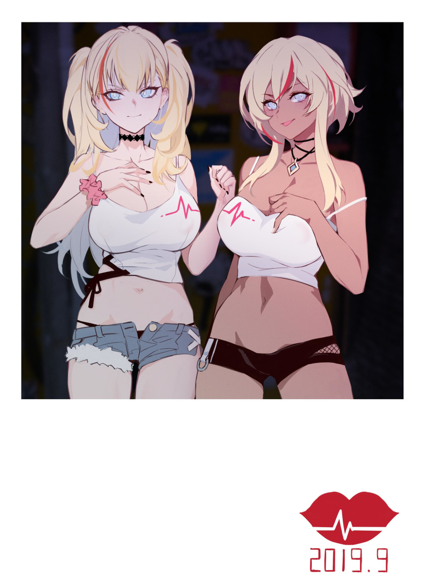 2girls absurdres black_panties blonde_hair blue_eyes breasts bright_pupils camisole choker cleavage cowboy_shot crop_top cutoffs dark_skin denim denim_shorts hand_on_own_chest highres jewelry large_breasts long_hair looking_at_viewer midriff multicolored_hair multiple_girls nail_polish navel necklace open_fly open_pants original panties realmbw scrunchie short_hair_with_long_locks short_shorts shorts strap_slip streaked_hair symbol_commentary two_side_up underwear wrist_scrunchie