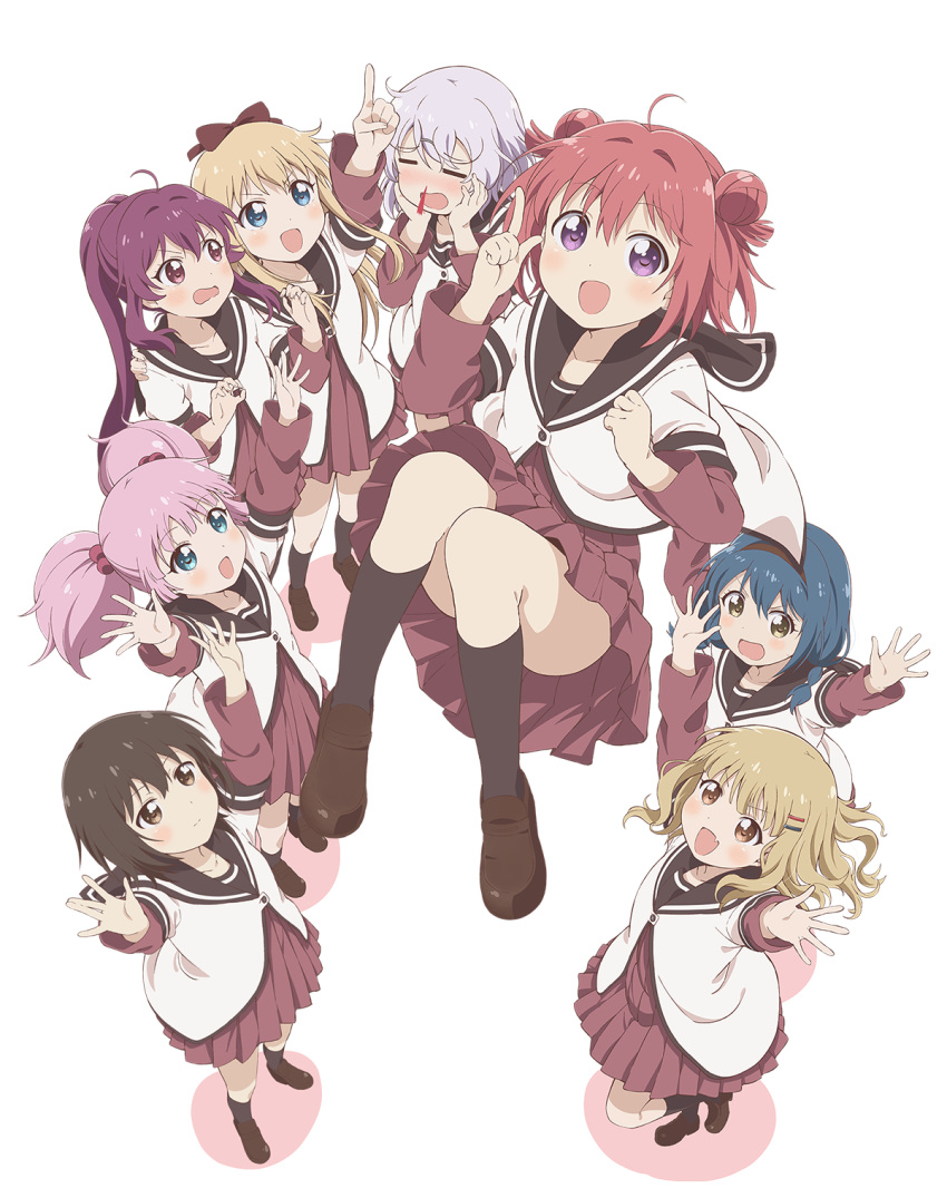 6+girls :d =_= akaza_akari arms_up bangs black_hair blonde_hair blood blue_eyes blue_hair blush brown_footwear brown_hair brown_legwear chibi collarbone double_bun dress fang from_above funami_yui furutani_himawari glasses grey_hair hair_between_eyes hair_bobbles hair_bun hair_ornament hairclip hands_on_own_cheeks hands_on_own_face highres ikeda_chitose indoors loafers long_hair long_sleeves looking_at_viewer looking_up medium_hair messy_hair multiple_girls nanamori_school_uniform nosebleed official_art oomuro_sakurako open_mouth outstretched_arms pleated_dress pointing pointing_up ponytail purple_eyes red_dress red_hair red_ribbon ribbon sailor_collar sailor_dress school_uniform serafuku shoes short_hair short_twintails sitting skin_fang smile socks sugiura_ayano table toshinou_kyouko transparent_background twintails yellow_eyes yoshikawa_chinatsu yuru_yuri