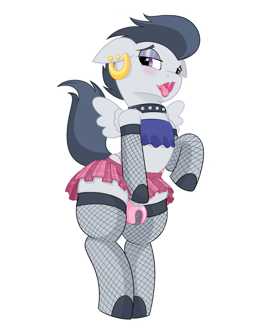 absurd_res bottomwear chastity_cage chastity_device clothed clothing crossdressing equid equine feral fishnet friendship_is_magic girly hi_res male mammal my_little_pony pterippus regolithart rumble_(mlp) skirt wings