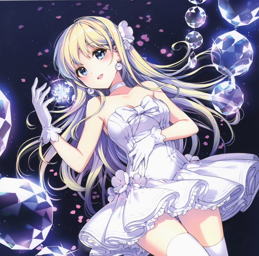 1girl :d absurdres bangs bare_shoulders blonde_hair blue_eyes breasts choker cleavage collarbone crystal dress earrings eyebrows_visible_through_hair gloves hand_on_own_stomach highres jewelry long_hair looking_at_viewer medium_breasts nardack open_mouth original petals scan shiny short_dress simple_background smile solo strapless strapless_dress thighhighs white_dress white_gloves white_legwear zettai_ryouiki