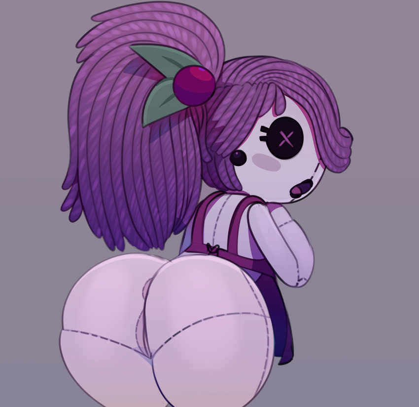 2019 absurd_res animate_inanimate anus bent_over biped black_lipstick blush blush_stickers bottomless butt button_eyes clothed clothing doll ear_piercing eyelashes female glum_plum grey_background hair hi_res humanoid light_skin lipstick living_doll living_plushie makeup open_mouth pale_skin piercing plushie ponytail pseudo_hair purple_hair pussy rear_view simple_background solo somescrub thick_thighs white_skin wide_hips