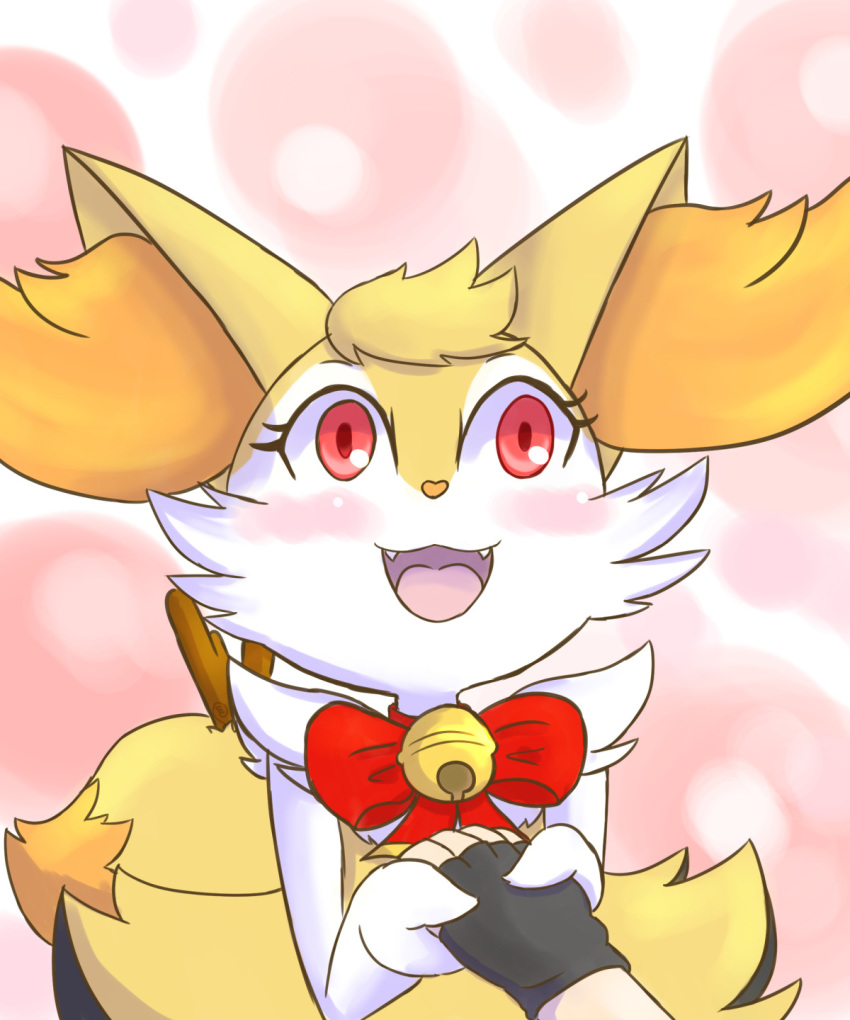 &lt;3 2018 5_fingers ambiguous_gender anthro black_fur blush braixen canid canine clothing digital_media_(artwork) dipstick_tail disembodied_hand duo fan_character fangs female fingerless_gloves fingers fortuna_(unknownlifeform) fur gloves hand_holding handwear happy heart_nose hi_res inner_ear_fluff jingle_bell mammal multicolored_tail neck_bow nintendo open_mouth orange_fur pok&eacute;mon pok&eacute;mon_(species) red_eyes simple_background stick unknownlifeform video_games white_fur yellow_fur