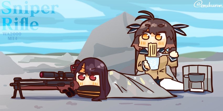 2girls ahoge bipod blanket blush bullpup chibi eyebrows_visible_through_hair fork girls_frontline gun hair_ornament highres instant_ramen lcron long_hair m14_(girls_frontline) multiple_girls optical_sight portable_stove rifle side_ponytail signature sniper_rifle twitter_username wa2000_(girls_frontline) walther walther_wa_2000 weapon