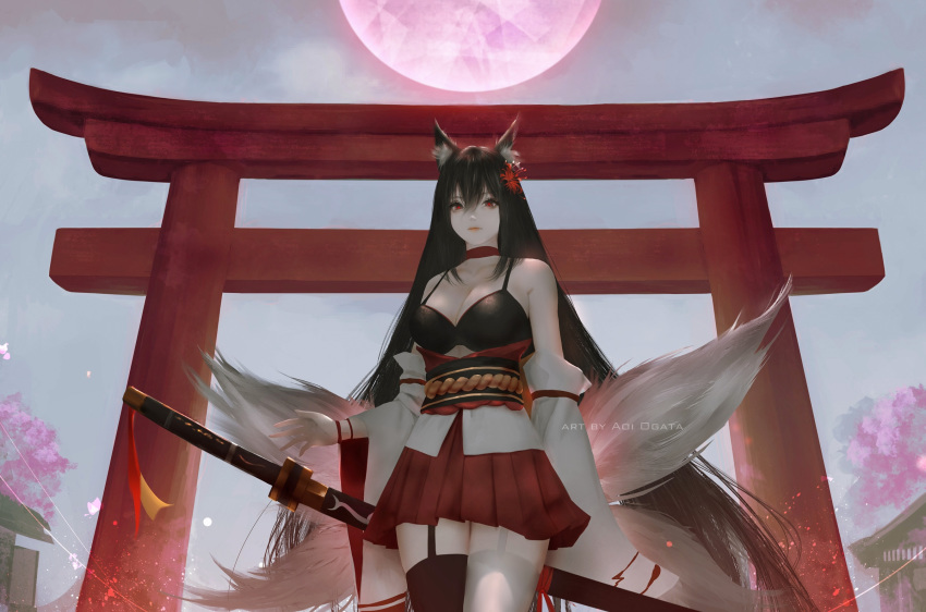 animal_ears aoi_ogata bra cleavage japanese_clothes kitsune stockings sword tail thighhighs