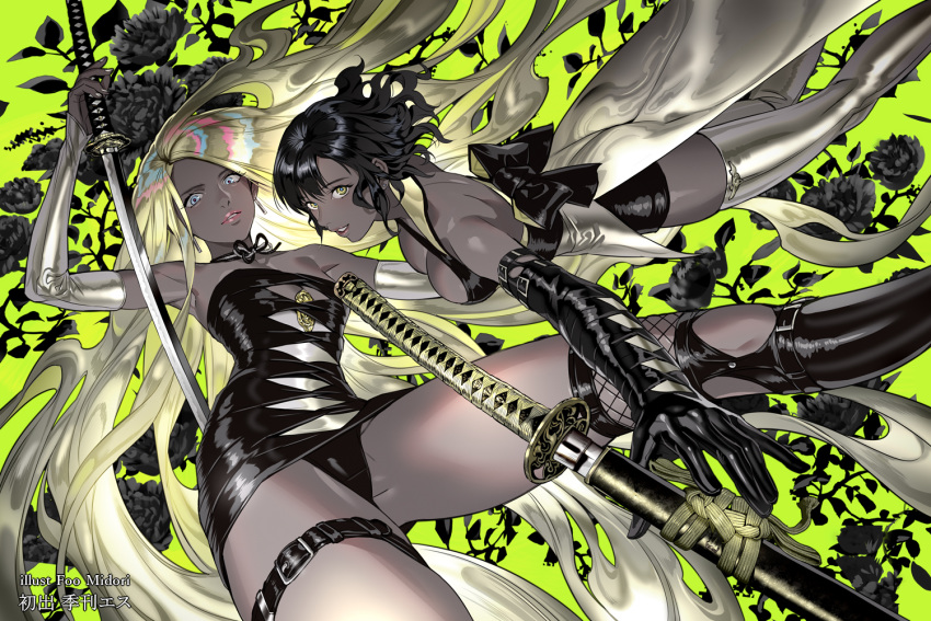 2girls black_hair blonde_hair blue_eyes breasts choker cleavage dress elbow_gloves foo_midori garter gloves green japanese_clothes katana long_hair original panties polychromatic short_hair sword thighhighs underwear watermark weapon yellow_eyes