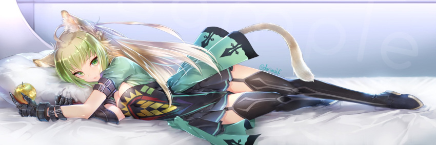 1girl ahoge animal_ear_fluff animal_ears atalanta_(fate) bangs blonde_hair braid breasts buckle cat_ears cleavage fate/apocrypha fate/grand_order fate_(series) french_braid gloves green_eyes green_hair highres long_hair looking_at_viewer lying miyuki_ruria multicolored_hair on_side pillow small_breasts solo tail thighhighs