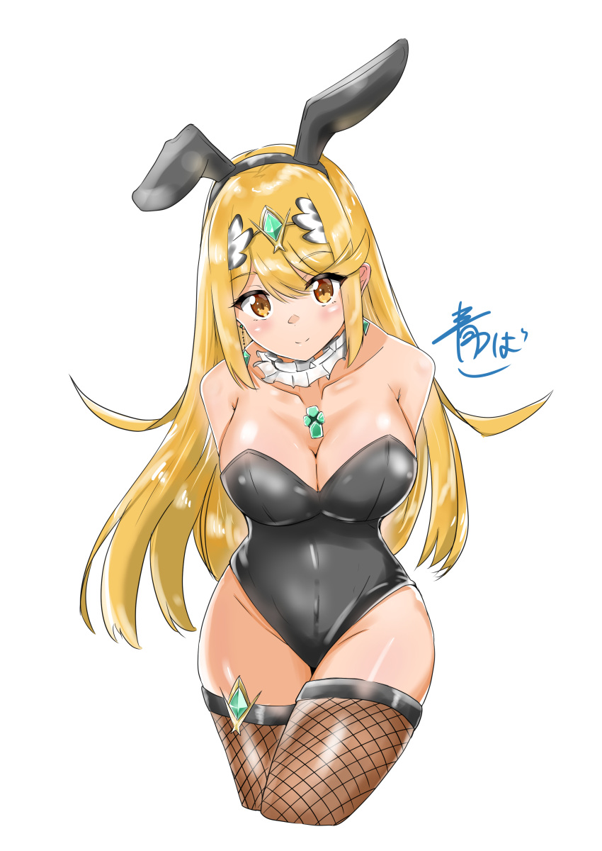 1girl absurdres alternate_costume animal_ears bangs blonde_hair blush breasts bunny_ears bunnysuit cleavage covered_navel eyebrows_visible_through_hair fake_animal_ears gem hair_ornament headpiece highres hikari_(xenoblade_2) jewelry large_breasts long_hair nintendo pose shiny shiny_skin simple_background smile solo swept_bangs thighhighs thighs tiara tray user_hpzg7477 very_long_hair white_background xenoblade_(series) xenoblade_2 yellow_eyes