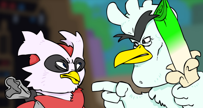 2019 ambiguous_gender angry annoyed anthro avian beak bird black_eyes black_feathers black_markings blurred_background cheek_tuft cheekbones chest_tuft defined_cheekbones delibird digital_drawing_(artwork) digital_media_(artwork) duo eye_contact eye_markings eyebrows facial_markings feather_tuft feathers flippers food frown gesture half-length_portrait head_markings head_tuft holding_food holding_object humor improvised_weapon leek light lighting looking_at_another male markings meme multicolored_feathers nintendo onion parody plant pointing pointing_at_another pok&eacute;mon pok&eacute;mon_(species) portrait potion_seller pseudogiant red_feathers sack shadow sirfetch'd squint tuft unibrow vegetable video_games white_feathers yellow_beak