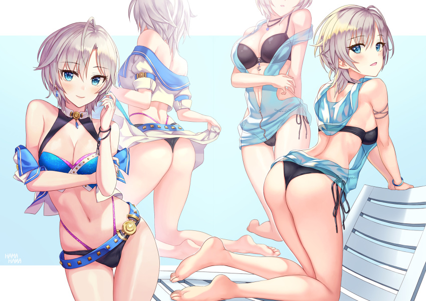 1girl anastasia_(idolmaster) ass back bangs barefoot beach_chair belt bikini black_bikini blue_background blue_eyes blush breasts cleavage cropped_jacket earrings eyelashes gradient gradient_background hhama highres idolmaster idolmaster_cinderella_girls jacket jewelry legs looking_at_viewer medium_breasts multiple_views navel necklace open_mouth sheer_clothes short_hair short_sleeves silver_hair smile solo swimsuit thighs vest white_jacket