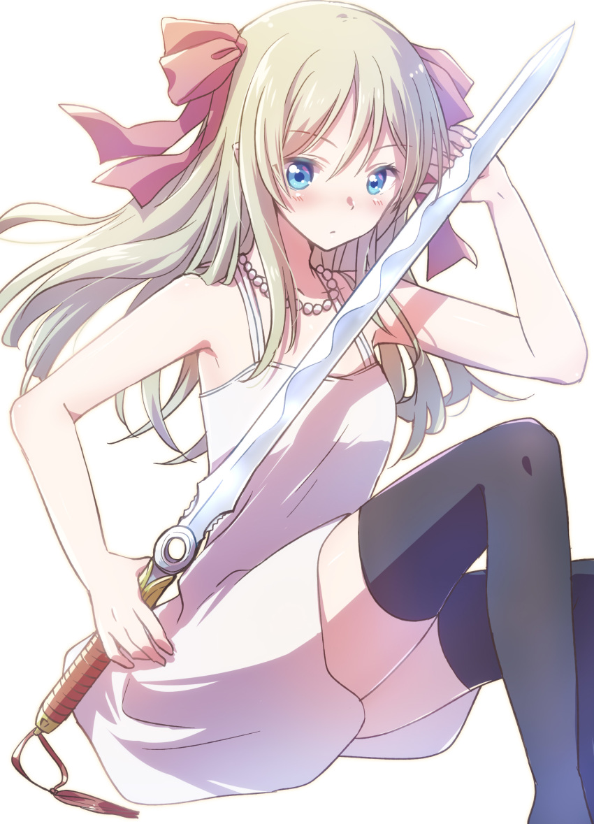 1girl absurdres bangs black_legwear blonde_hair blue_eyes bow breasts cop_craft:_dragnet_mirage_reloaded facial_mark feet_out_of_frame forehead_mark hair_bow hair_ornament highres holding holding_sword holding_weapon jewelry long_hair looking_at_viewer necklace nyaa_(nnekoron) pink_bow pointy_ears simple_background sitting small_breasts solo sword thighhighs tilarna_exedilika weapon