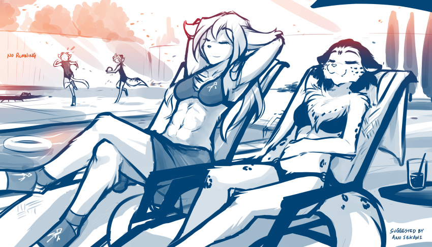 2019 7:4 abs adira_(twokinds) anthro athletic basitin beverage bikini breasts chair chest_tuft cleavage clothed clothing conditional_dnp crossed_legs digitigrade duo_focus eyes_closed felid fluffy fur glass group hands_behind_head hi_res keidran king_adelaide lounge_chair lounging madelyn_adelaide maeve_(twokinds) mammal midriff monochrome navel outside pantherine sketch smile snow_leopard spots spotted_fur swimming_pool swimwear tom_fischbach tuft twokinds webcomic