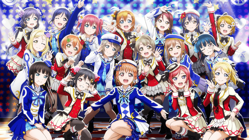 6+girls arms_up asymmetrical_legwear ayase_eli black_hair blonde_hair blue_eyes blue_hair brown_eyes brown_hair downscaled earrings flower hair_down hair_flower hair_ornament hair_ribbon hairpin hat highres hoshizora_rin jewelry koizumi_hanayo kousaka_honoka kunikida_hanamaru kurosawa_dia kurosawa_ruby long_hair love_live! love_live!_school_idol_project love_live!_sunshine!! low_twintails matsuura_kanan md5_mismatch minami_kotori mini_hat mirai_no_bokura_wa_shitteru_yo multiple_girls nishikino_maki official_art ohara_mari one_eye_closed open_mouth orange_hair ponytail purple_eyes purple_hair red_eyes red_hair resized ribbon sakurauchi_riko short_hair short_twintails skirt smile sonoda_umi sore_wa_bokutachi_no_kiseki squatting takami_chika thighhighs toujou_nozomi tsushima_yoshiko twintails watanabe_you yazawa_nico yellow_eyes