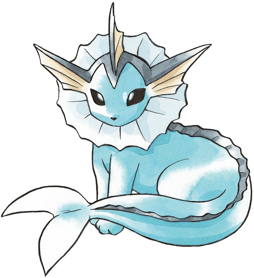 1996 3_toes ambiguous_gender black_eyes black_nose blue_skin blue_tail crest ear_frill eeveelution empty_eyes feral fin frill_(anatomy) front_view full-length_portrait glistening glistening_skin grey_skin head_frill hi_res ken_sugimori long_tail looking_at_viewer marine membrane_(anatomy) membranous_frill multicolored_skin neck_frill nintendo official_art pok&eacute;mon pok&eacute;mon_(species) portrait quadruped simple_background sitting solo tail_fin tan_membrane toes traditional_media_(artwork) two_tone_skin vaporeon video_games white_background white_membrane