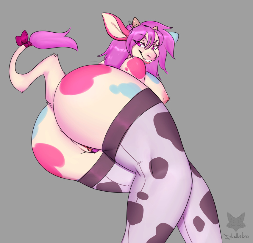 2019 absurd_res animal_print big_breasts bovid bovine breasts cattle clothing cow_print digital_media_(artwork) female floss hi_res legwear looking_at_viewer mammal nipples phallusbro presenting pubes pussy signature smile solo stockings thigh_highs wide_hips