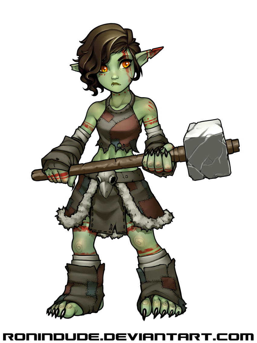 2017 belt breasts brown_hair critical_role cute_fangs female goblin green_skin hair hammer hi_res humanoid humanoid_pointy_ears markings melee_weapon navel not_furry piglet_(critical_role) ronindude scar short_hair simple_background solo standing tools weapon white_background