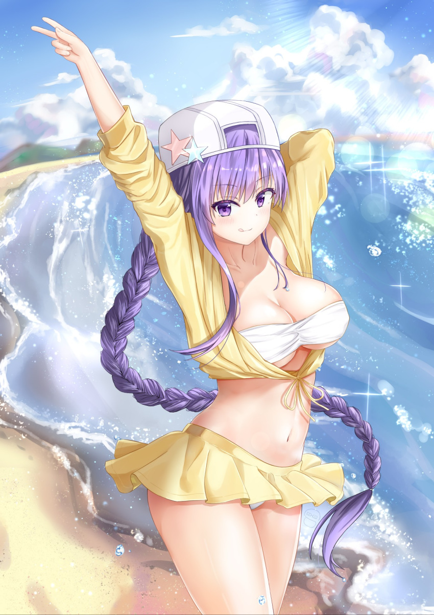 1girl arms_up asymmetrical_hair backwards_hat bangs bare_shoulders baseball_cap bb_(fate)_(all) bb_(swimsuit_mooncancer)_(fate) beach blush braid breasts cleavage fate/grand_order fate_(series) hat hei_kuang_jun highres jacket large_breasts licking_lips long_hair long_sleeves looking_at_viewer purple_eyes purple_hair single_braid skirt smile thighs tongue tongue_out very_long_hair white_bikini_top white_headwear yellow_jacket yellow_skirt