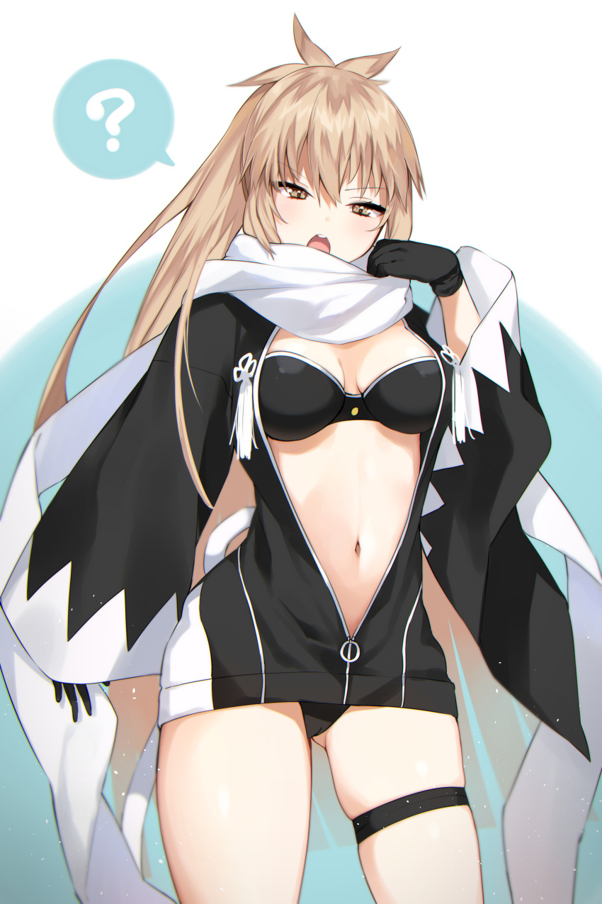 1girl :o ? absurdres ass_visible_through_thighs bikini bikini_under_clothes black_bikini black_gloves black_jacket blonde_hair blush breasts brown_eyes character_request cleavage cowboy_shot eyebrows_visible_through_hair fate/grand_order fate_(series) gloves hand_up highres iriehana jacket long_hair long_sleeves medium_breasts navel okita_souji_(fate) okita_souji_(fate)_(all) okita_souji_(swimsuit_assassin)_(fate) open_clothes open_jacket open_mouth scarf sidelocks skindentation solo speech_bubble spoken_question_mark stomach swimsuit thigh_strap two-tone_background v-shaped_eyebrows very_long_hair white_scarf wide_sleeves