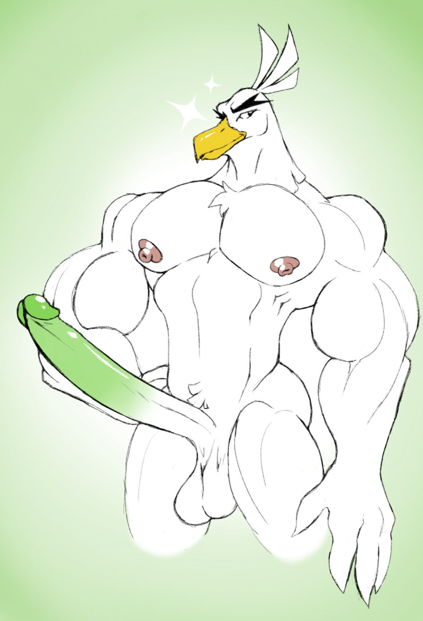 2019 4_fingers anthro anthrofied areola avian balls beak biceps big_muscles big_pecs biped bird black_eyes crest erect_nipples erection eyebrows feather_hands feather_tuft feathered_crest feathers fingers front_view glans glistening glistening_areola glistening_glans glistening_penis green_background green_glans green_penis half-length_portrait hand_on_hip head_tuft hi_res humanoid_penis littlefahita long_penis looking_aside looking_away male multicolored_penis muscular muscular_male muscular_thighs neck_muscles nintendo nipples nude pecs penis pink_areola pink_nipples pok&eacute;mon pok&eacute;mon_(species) pok&eacute;morph portrait pubes saggy_balls simple_background sirfetch'd smile solo sparkles standing thick_eyebrows thin_penis triceps tuft two_tone_penis video_games white_balls white_feathers white_penis yellow_beak