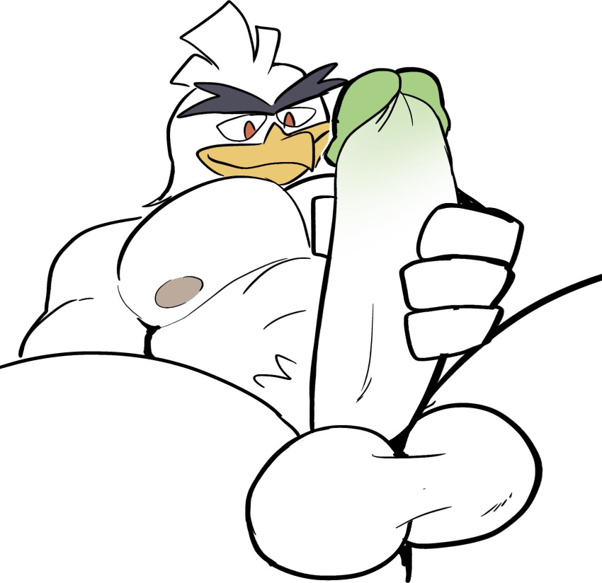 2019 4_fingers aliasing anthro anthrofied areola avian balls beak big_pecs big_penis bird elfein erection eyebrows feather_tuft feathers fingers frenulum front_view glans green_glans head_tuft hi_res holding_penis humanoid_penis light_theme low-angle_view male muscular muscular_male nintendo nude orange_eyes pecs penis pink_areola pok&eacute;mon pok&eacute;mon_(species) pok&eacute;morph presenting presenting_penis reclining simple_background sirfetch'd sitting smile solo spread_legs spreading tuft unibrow video_games white_background white_balls white_feathers white_penis yellow_beak