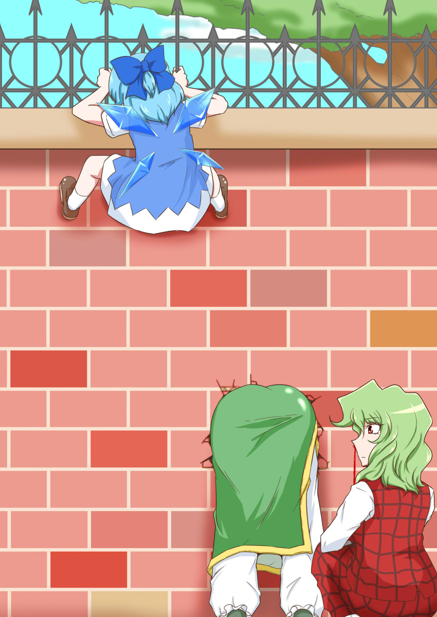 3girls absurdres ascot blood blue_dress blue_hair bow burijittou cirno dress green_hair hair_bow highres hong_meiling ice ice_wings kazami_yuuka long_hair multiple_girls nosebleed plaid plaid_vest puffy_short_sleeves puffy_sleeves red_hair short_hair short_sleeves stuck through_wall touhou translation_request vest wall wings