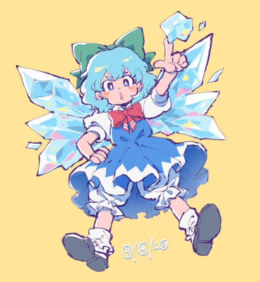 (9) 1girl akiyoku black_footwear bloomers blue_dress blue_eyes blue_hair blush bow cirno dated dress green_bow hair_bow hand_on_hip highres ice ice_wings index_finger_raised looking_at_viewer puffy_short_sleeves puffy_sleeves red_bow shoes short_hair short_sleeves simple_background socks solo touhou underwear wings yellow_background