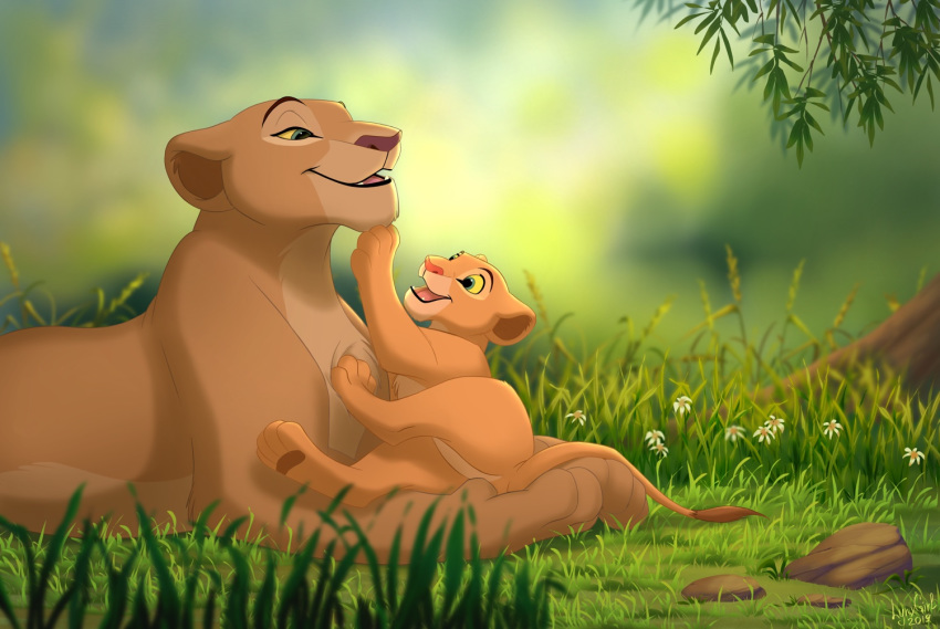 2019 age_difference cub cuddling daughter detailed_background disney felid feral g_rated good_parenting grass half-closed_eyes lion looking_at_another lying mammal mother mother_and_daughter nala on_model open_mouth open_smile pantherine parent pawpads reallynxgirl sarafina size_difference smile the_lion_king toony young