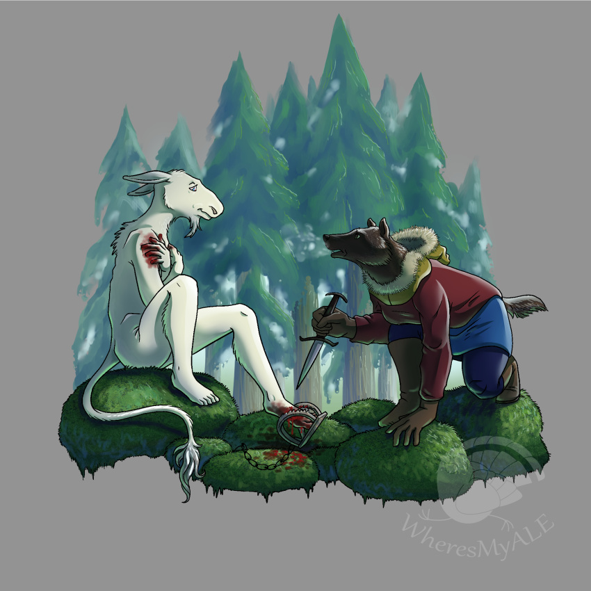 1:1 2019 blood bodily_fluids capreoline cervid clothed clothing digital_media_(artwork) duo female forest fur hi_res knife mammal moose moss mustelid musteline nude open_mouth outside rock simple_background smile tree wheresmyale winter wolverine