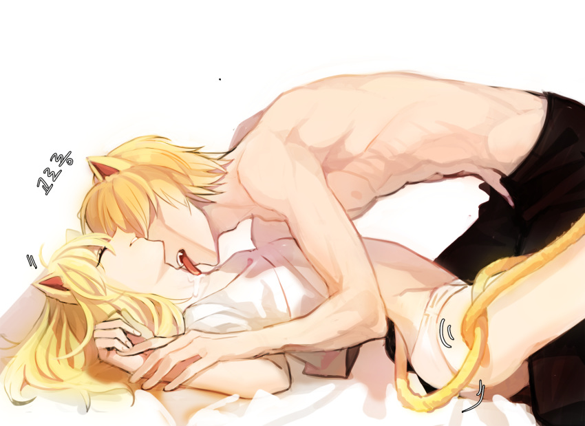 ahoge animal_ears artoria_pendragon_(all) cat_ears cat_tail closed_eyes couple fate/stay_night fate_(series) gilgamesh hair_down hetero highres jisue10 korean_text licking long_hair motion_lines muscle nipples panties saber shirtless simple_background tail underwear white_background