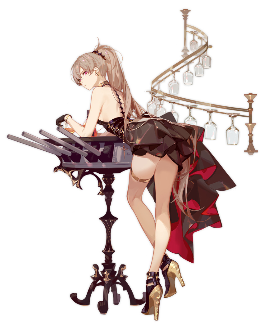 1girl alcohol alternate_costume ask_(askzy) ass azur_lane bangle bangs bare_shoulders black_dress black_footwear black_gloves bracelet breasts brown_hair cannon cocktail_dress cup dress drinking_glass earrings expressionless full_body gloves gold hair_between_eyes hair_ornament high_heels highres jean_bart_(azur_lane) jean_bart_(uninhibited_bloodstone)_(azur_lane) jewelry leaning_on_object long_hair medium_breasts official_art ponytail purple_eyes sidelocks skindentation solo thighlet transparent_background turret