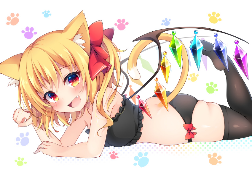 1girl :d absurdres animal_ear_fluff animal_ears ass bandeau bangs bare_arms bare_shoulders black_legwear black_panties blonde_hair blush bow bra cat_ears cat_tail commentary_request crystal eyebrows_visible_through_hair fang flandre_scarlet frilled_bra frills hair_between_eyes hair_bow hand_up highres kemonomimi_mode looking_at_viewer lying miy@ no_hat no_headwear no_shoes on_stomach one_side_up open_mouth panties paw_pose paw_print red_bow red_eyes short_hair simple_background skindentation smile solo strapless strapless_bra tail thighhighs thighs touhou tubetop underwear white_background wings