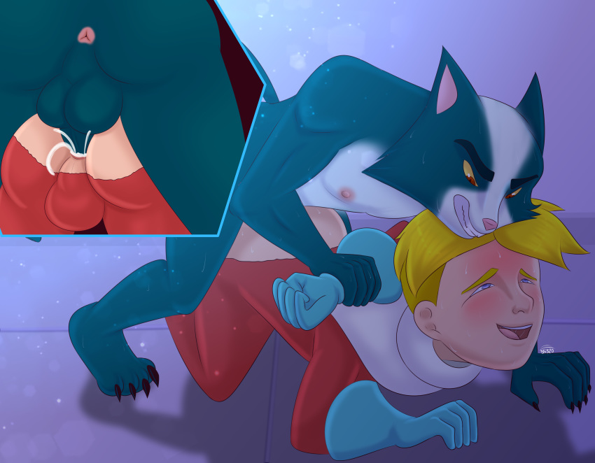 absurd_res all_fours anal anal_penetration anthro anthro_penetrating anthro_penetrating_human avocato blonde_hair blue_eyes blue_fur blush bodily_fluids claws clenched_teeth close-up clothing cum damian5320 duo felid final_space front_view fur gary_goodspeed genital_fluids hair half-closed_eyes hand_behind_back hi_res human human_on_anthro human_penetrated interspecies male male/male mammal multicolored_fur muscular muscular_male nipples nude open_mouth penetration pink_nose pinned red_eyes rough_sex sex signature sweat teeth torn_clothing ventrexian white_fur yellow_sclera