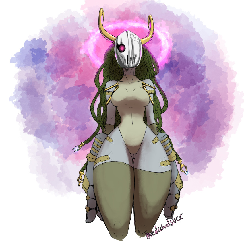 1:1 1_eye 2019 big_hands big_legs breasts clothed clothing digital_media_(artwork) elegia_(medicinal_succ) female hi_res horn humanoid looking_at_viewer mammal mask medicinal_succ not_furry simple_background solo thick_thighs wide_hips