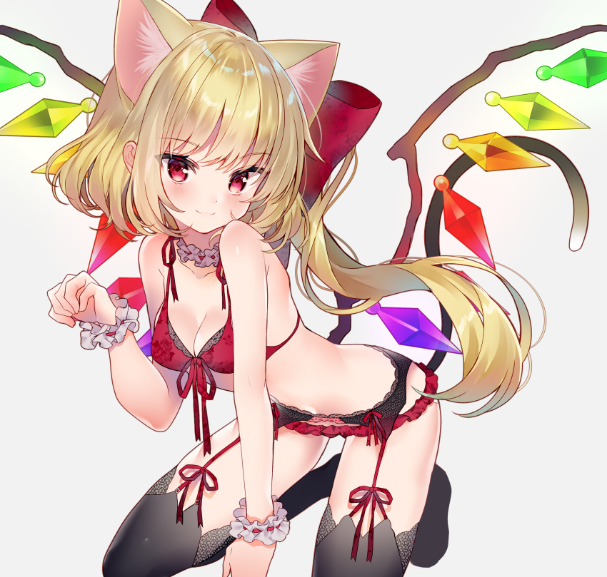 1girl :3 animal_ear_fluff animal_ears bare_shoulders black_legwear blonde_hair blush bow bra breasts cat_ears cat_tail cleavage closed_mouth crystal eyebrows_visible_through_hair flandre_scarlet frilled_cuffs front-tie_bra garter_belt grey_background hair_bow highres kawachi_rin kneeling lace lace-trimmed_bra leaning_forward long_hair neck_garter paw_pose red_bra red_eyes red_legwear red_ribbon ribbon short_hair side_ponytail simple_background small_breasts smile solo tail thighhighs touhou underwear underwear_only wings wrist_cuffs