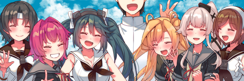 1boy 6+girls absurdres abukuma_(kantai_collection) admiral_(kantai_collection) black_hair black_jacket blonde_hair blue_hair blue_sky brown_hair closed_eyes detached_sleeves double_bun hair_flaps hair_rings hairband headband highres isuzu_(kantai_collection) jacket kantai_collection kinu_(kantai_collection) long_hair long_sleeves military military_uniform multiple_girls nagara_(kantai_collection) natori_(kantai_collection) naval_uniform neck_ribbon out_of_frame pink_hair ponytail red_hair red_ribbon remodel_(kantai_collection) ribbon school_uniform serafuku short_hair short_sleeves sky smile tonari_no_kai_keruberosu twintails uniform very_long_hair white_hairband yura_(kantai_collection)