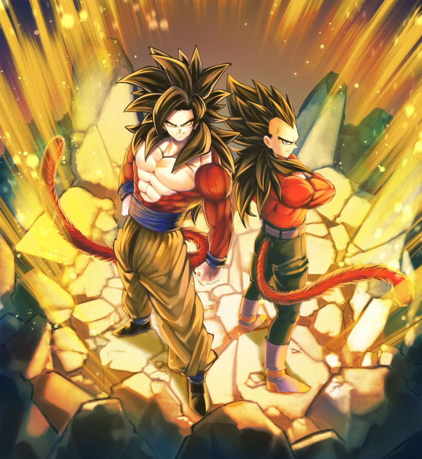 2boys abs arm_at_side aura back-to-back backlighting belt black_hair black_pants blurry bokeh boots chest clenched_hands crossed_arms depth_of_field dragon_ball dragon_ball_gt facing_away from_above frown full_body grey_eyes hand_on_hip highres legs_apart light_particles long_hair looking_at_viewer looking_up male_focus mattari_illust monkey monkey_tail multiple_boys no_nipples pants pectorals profile rock smile son_gokuu spiked_hair standing super_saiyan_4 tail vegeta white_footwear yellow_eyes yellow_pants