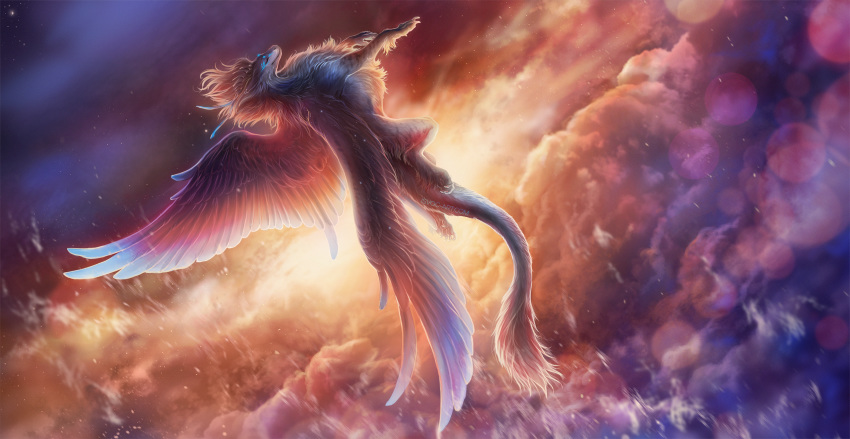 2019 avelos claws digital_media_(artwork) dragon eyes_closed feathered_dragon feathered_wings feathers female feral flying fur furred_dragon grey_fur hair hi_res horn isvoc paws solo wings