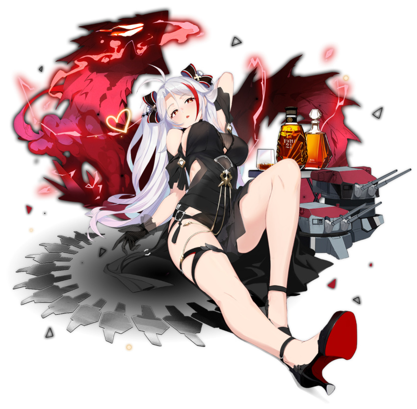 1girl alcohol alternate_costume ankle_strap antenna_hair azur_lane bangs black_bow black_dress black_footwear black_gloves blush bottle bow breasts brown_eyes cannon dress eyebrows_visible_through_hair gloves gold_trim hair_between_eyes hair_bow head_tilt heart high_heels large_breasts lightning long_hair looking_at_viewer mole mole_on_breast multicolored_hair official_art open_mouth prinz_eugen_(azur_lane) prinz_eugen_(cordial_cornflower)_(azur_lane) realmbw reclining red_hair rigging sidelocks silver_hair silver_trim smile solo streaked_hair tachi-e thighs transparent_background turret two_side_up very_long_hair