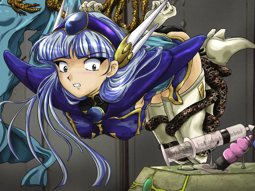 blue_hair blush boots breasts clenched_teeth dildo enema female forced magic_knight_rayearth monster monsters ryuuzaki_umi scared solo suspension teeth tentacle thigh_boots thighhighs vibrator