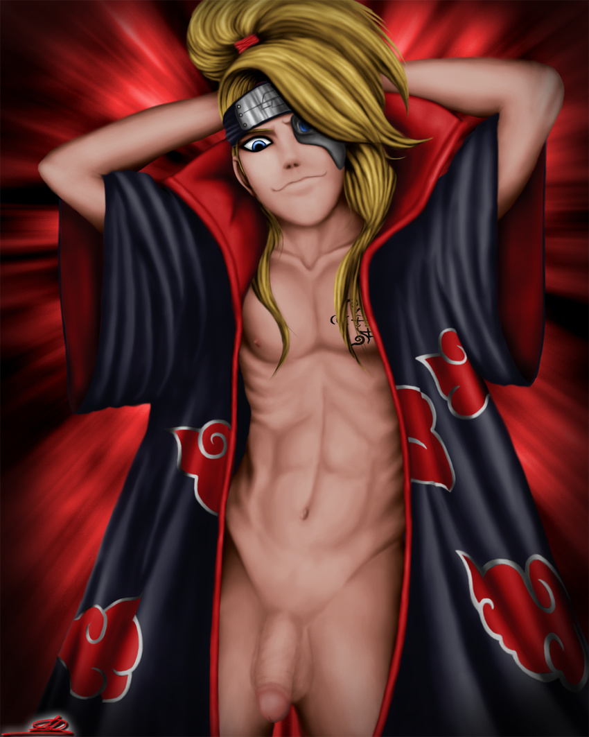 akatsuki akatsuki_(naruto) blonde_hair deidara flaccid highres male muscle naruto penis solo tattoo