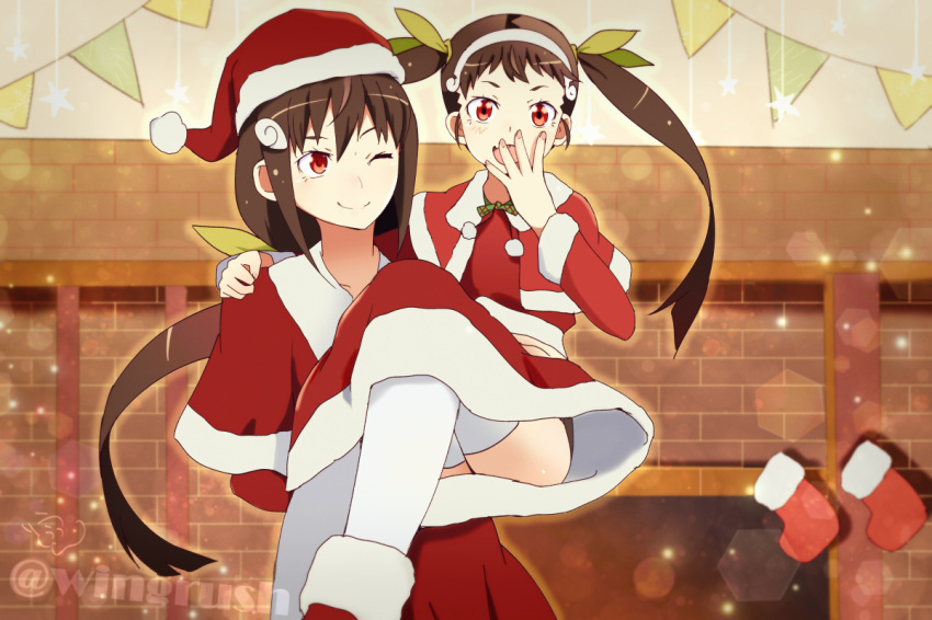 2girls :d ;) bakemonogatari brick_wall brown_hair capelet carrying commentary_request covering_mouth dual_persona fang fooring fur-trimmed_capelet fur-trimmed_hat fur-trimmed_skirt fur_trim green_ribbon hachikuji_mayoi hair_ribbon hairband hand_over_own_mouth hat indoors kabukimonogatari long_hair monogatari_(series) multiple_girls one_eye_closed open_mouth pom_pom_(clothes) red_capelet red_eyes red_hat red_skirt ribbon santa_costume santa_hat skirt smile thighhighs time_paradox twintails twitter_username white_legwear
