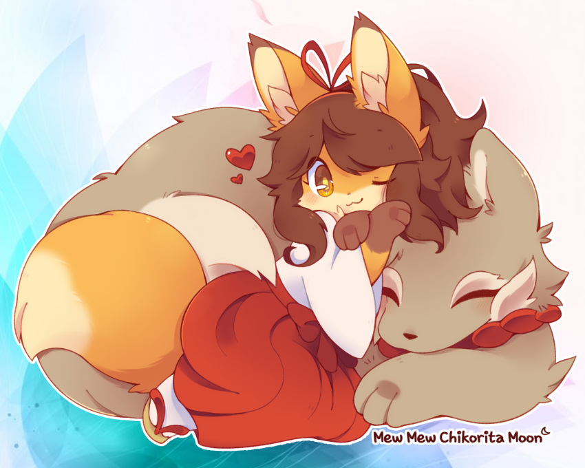 &lt;3 5:4 :3 anthro brown_hair canid canine canis chikorita_moon clothed clothing daww domestic_dog duo eyes_closed female footwear fox fur hair hi_res japanese_clothing kemono kimono long_hair looking_at_viewer male mammal one_eye_closed sandals simple_background yellow_eyes yellow_fur young