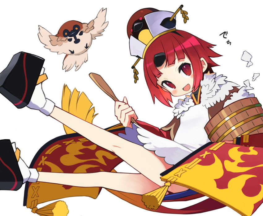 1girl apron benienma_(fate/grand_order) bird fate/grand_order fate_(series) highres hirokawa_desu ohitsu red_eyes red_hair rice_spoon smile sparrow white_background wide_sleeves