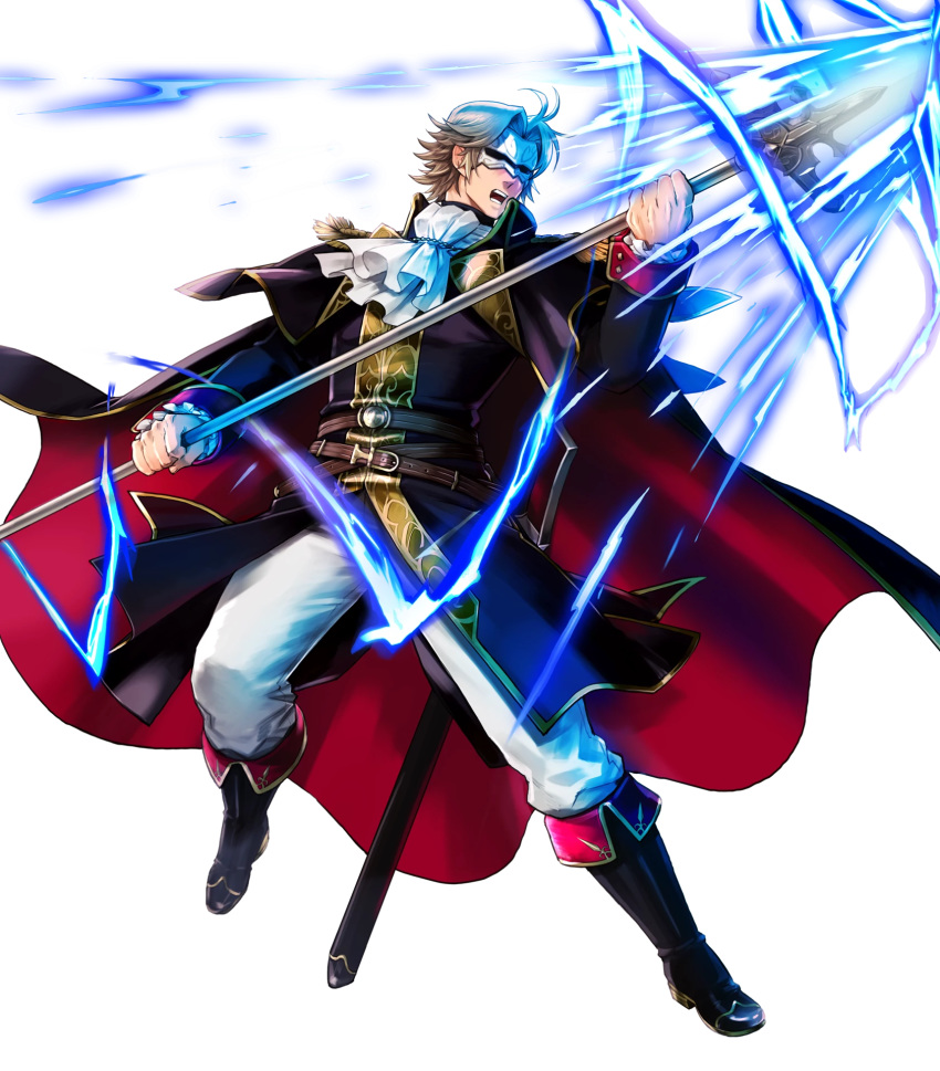 1boy belt blonde_hair boots camus_(fire_emblem) cape electricity epaulettes fire_emblem fire_emblem:_mystery_of_the_emblem fire_emblem_heroes full_body highres mask official_art open_mouth polearm solo spear suekane_kumiko sword teeth transparent_background weapon